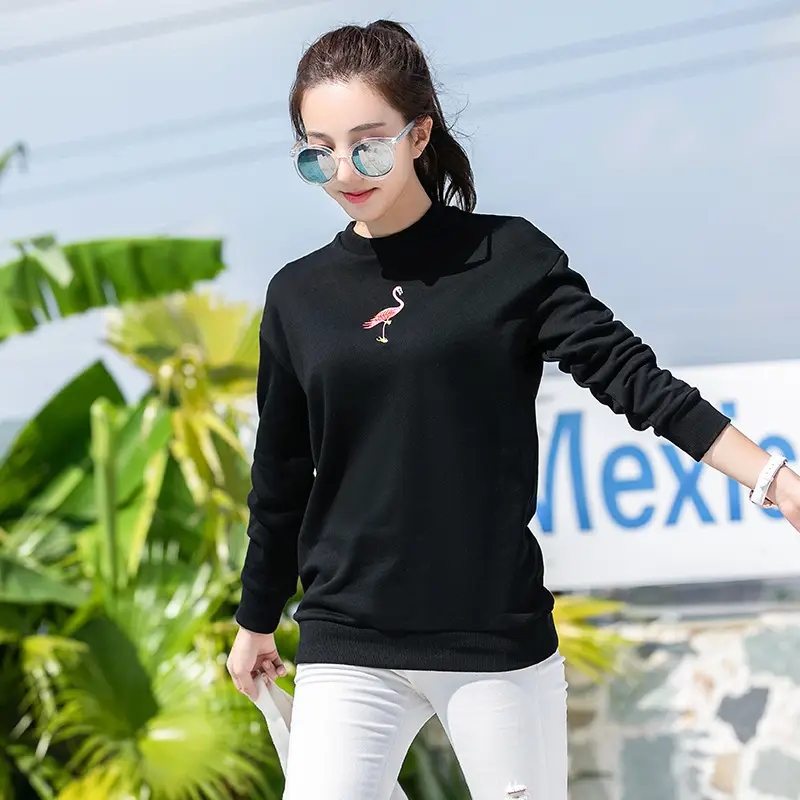 Women's Black Crewneck Sweatshirt with Embroidered Flamingo Design - Image 4