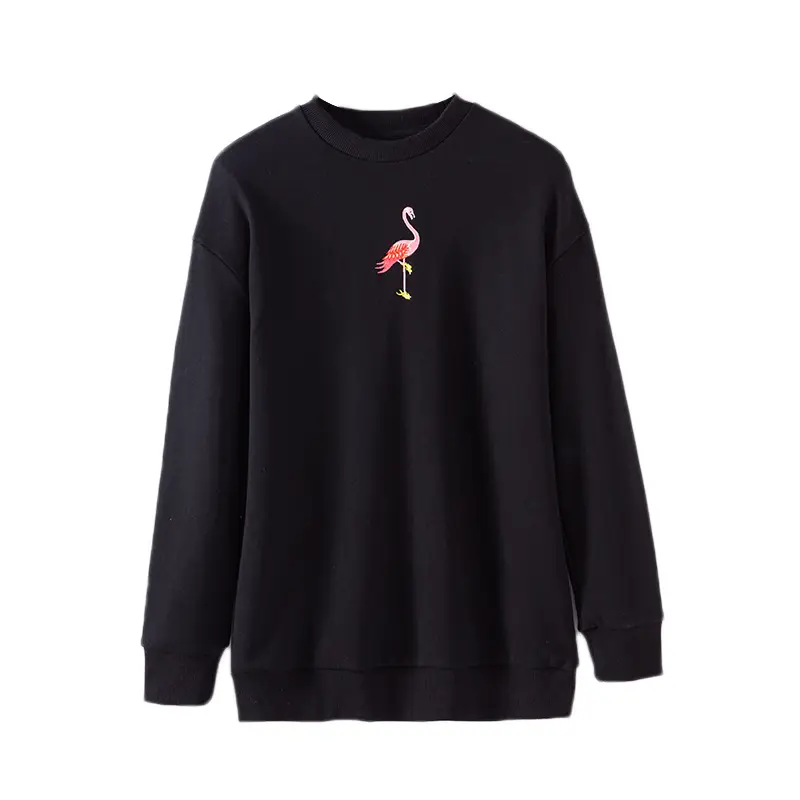 Women's Black Crewneck Sweatshirt with Embroidered Flamingo Design - Image 6