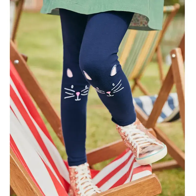 Girls Cat Print Long Trousers Navy Blue Spring Autumn - Image 4