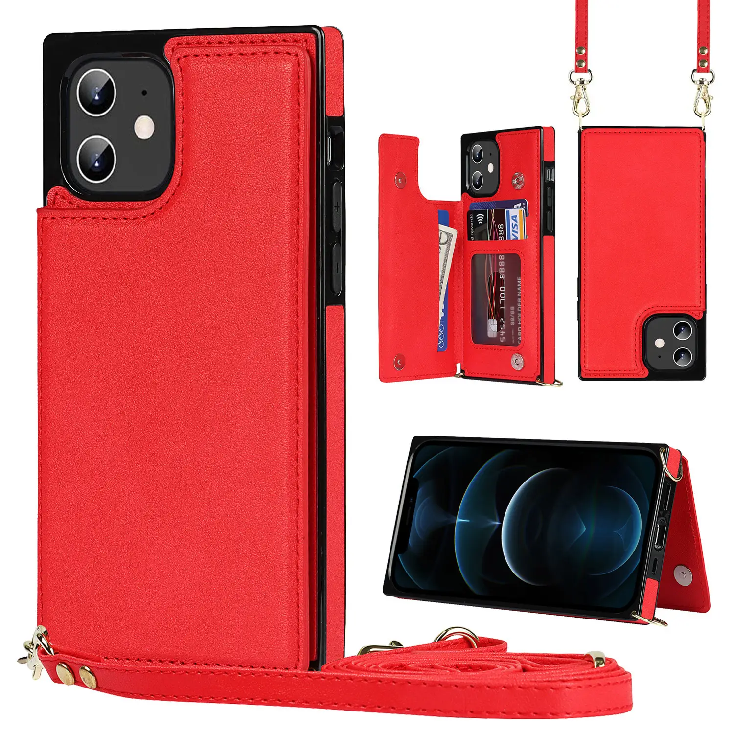 Pink Leather Mobile Phone Case with Strap & Card Holder - Image 8