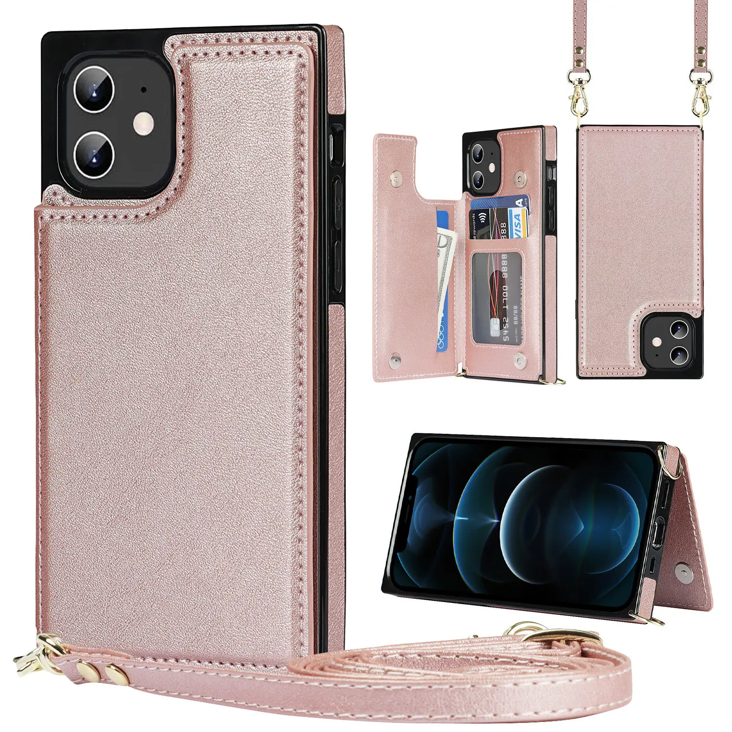 Pink Leather Mobile Phone Case with Strap & Card Holder - Image 2