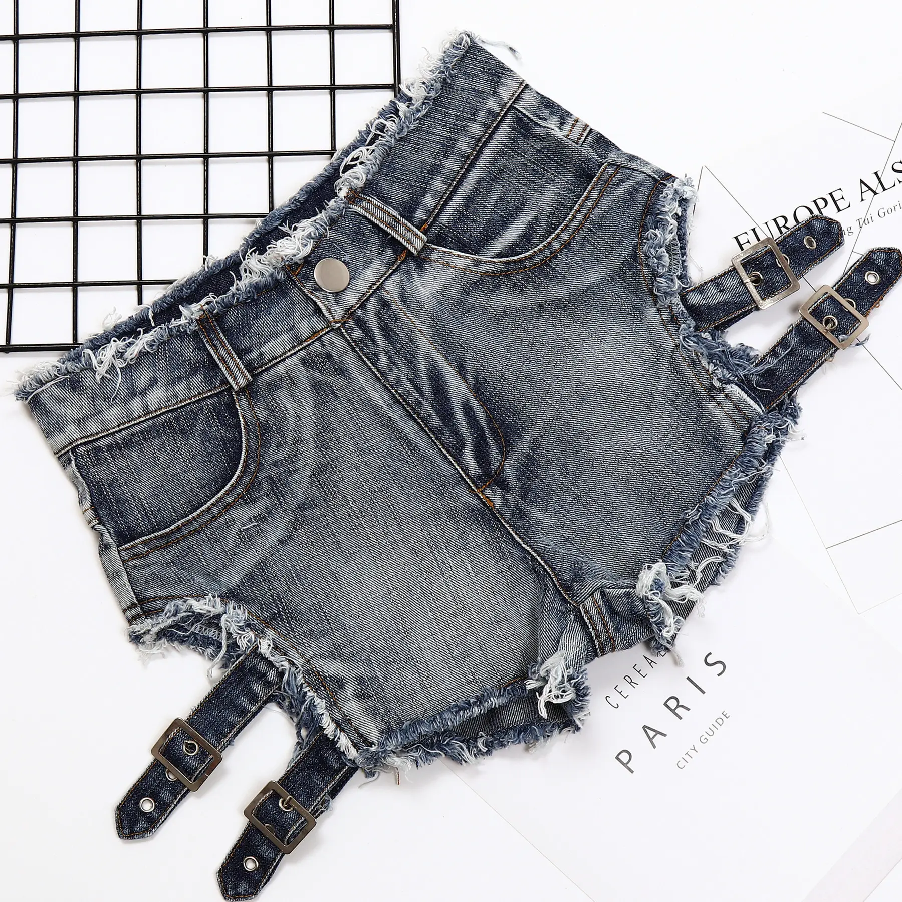 New High Waist Slim Denim Shorts with Cross Straps