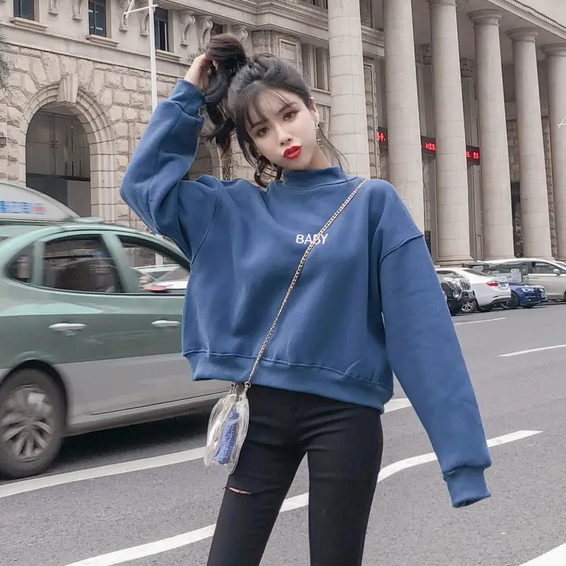 Women Korean Style Fleece Lined Sweatshirt Set White Black - Image 3