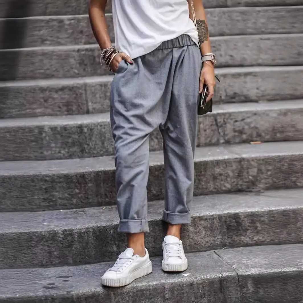 Grey Elastic High Waist Harem Pants for Men - Image 4