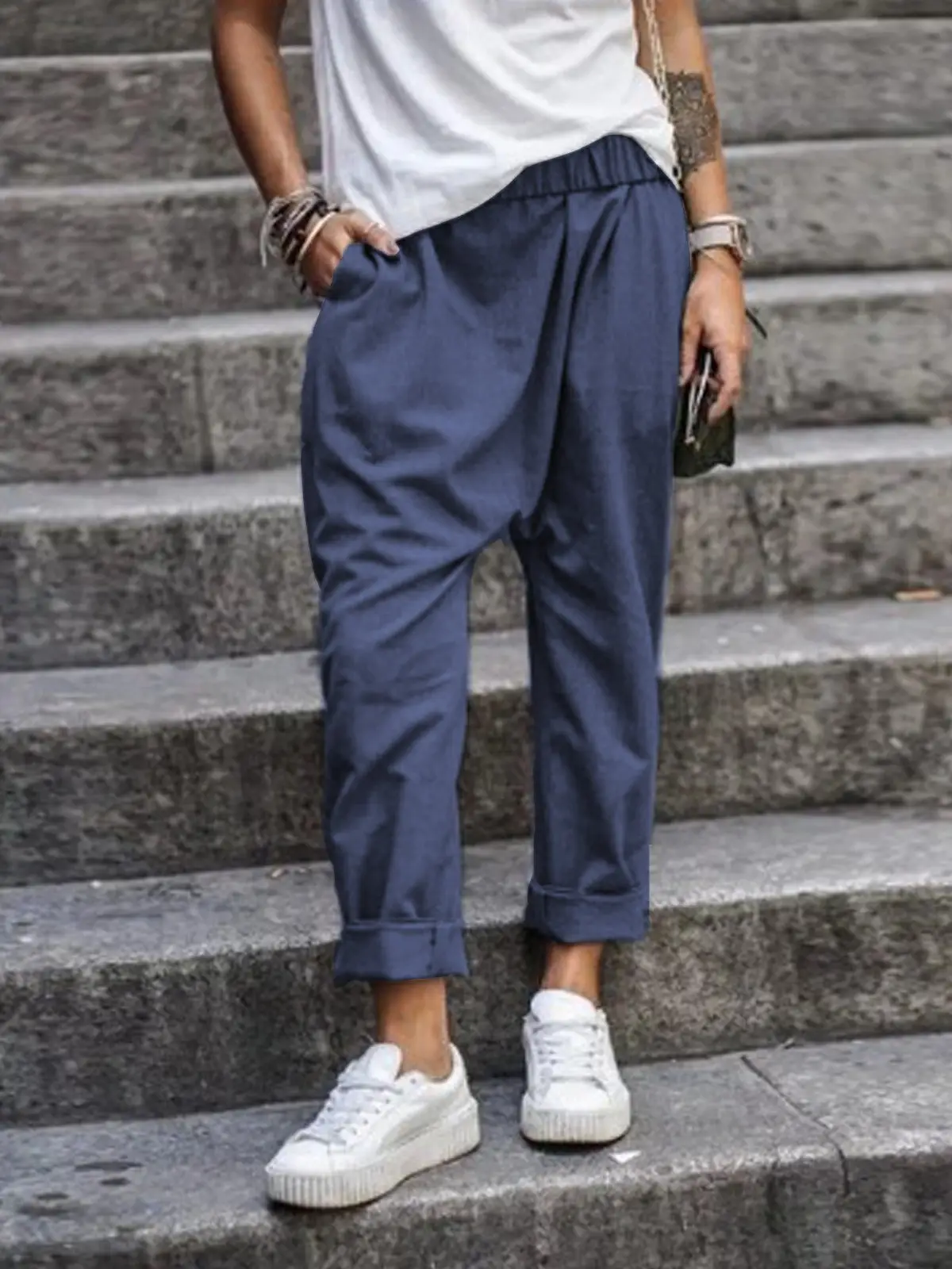 Grey Elastic High Waist Harem Pants for Men - Image 2