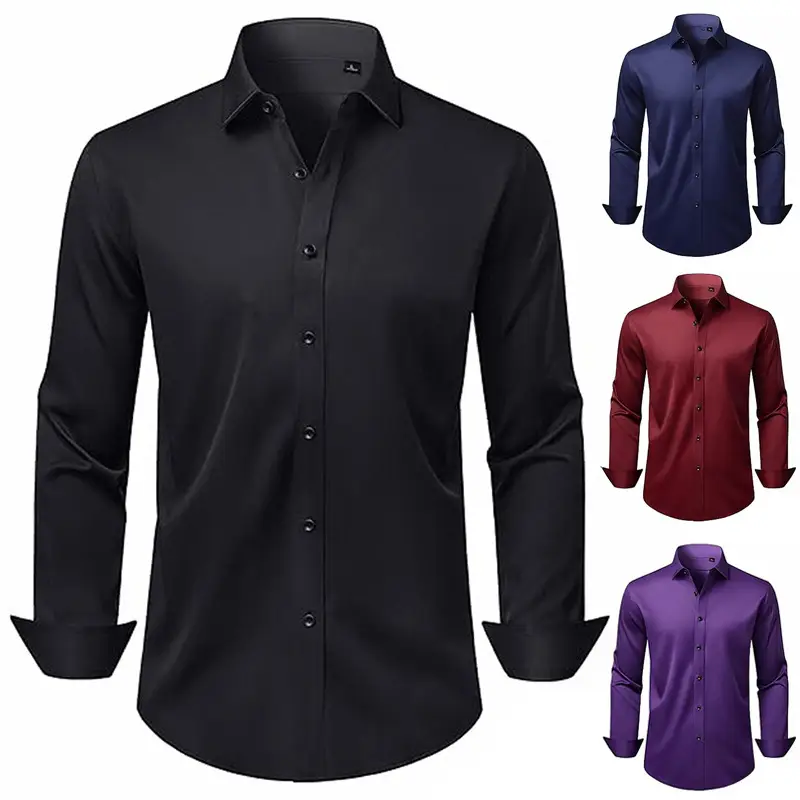 Men's Maroon Stretch Long Sleeve Button Shirt - Image 16