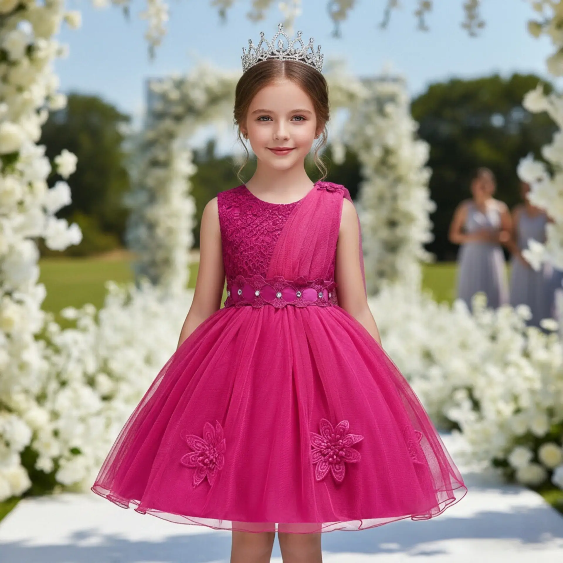 Red Embroidered Mesh Skirt Dress for Girls Wedding Party - Image 8