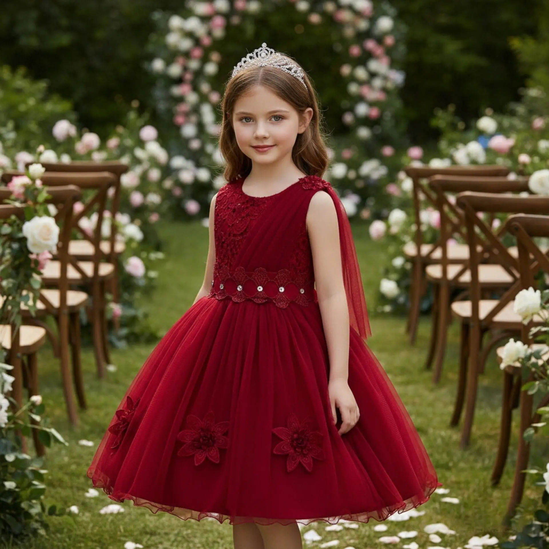 Red Embroidered Mesh Skirt Dress for Girls Wedding Party - Image 9