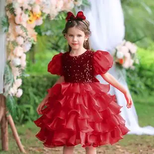 Red Embroidered Mesh Skirt Dress for Girls Wedding Party — feature 5