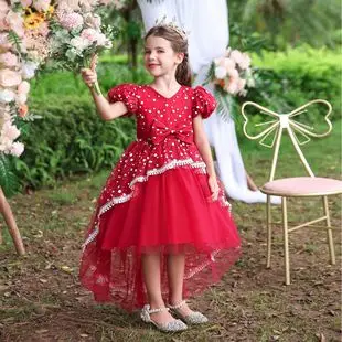 Red Embroidered Mesh Skirt Dress for Girls Wedding Party — feature 9