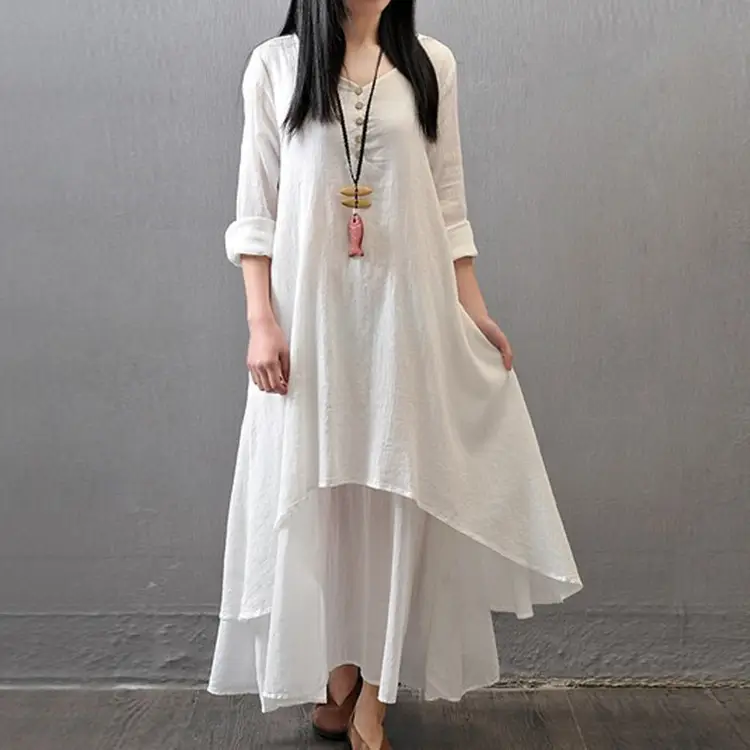 Black Linen Literary Dress Large Hem Loose Long Sleeve - Image 7