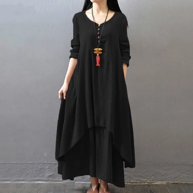 Black Linen Literary Dress Large Hem Loose Long Sleeve - Image 8