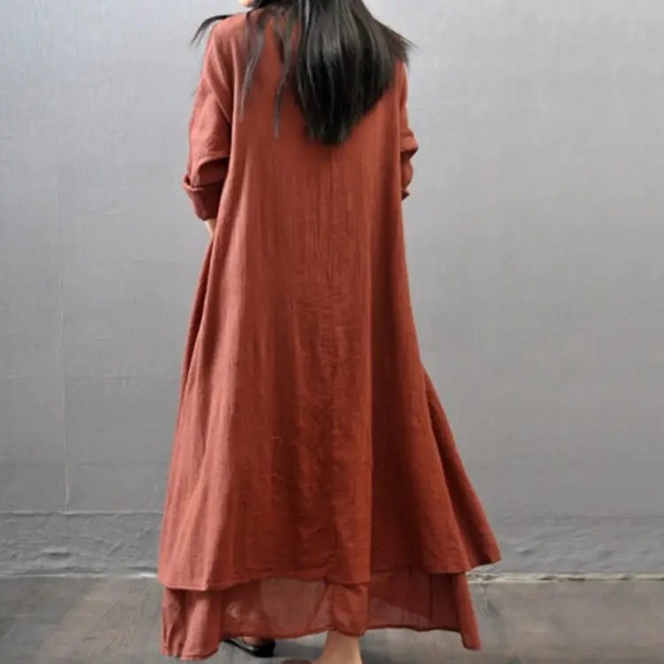 Black Linen Literary Dress Large Hem Loose Long Sleeve - Image 9
