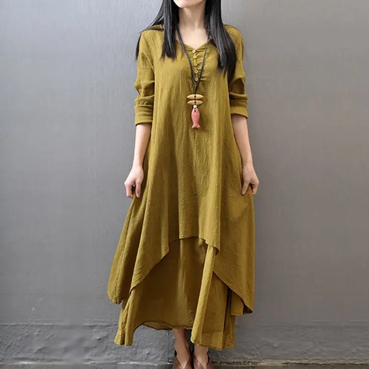 Black Linen Literary Dress Large Hem Loose Long Sleeve - Image 3