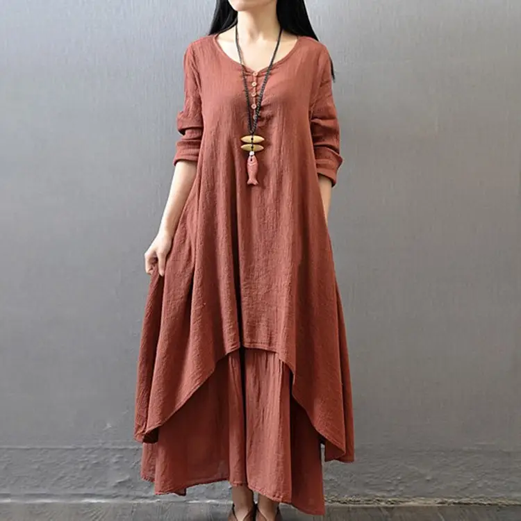 Black Linen Literary Dress Large Hem Loose Long Sleeve - Image 4