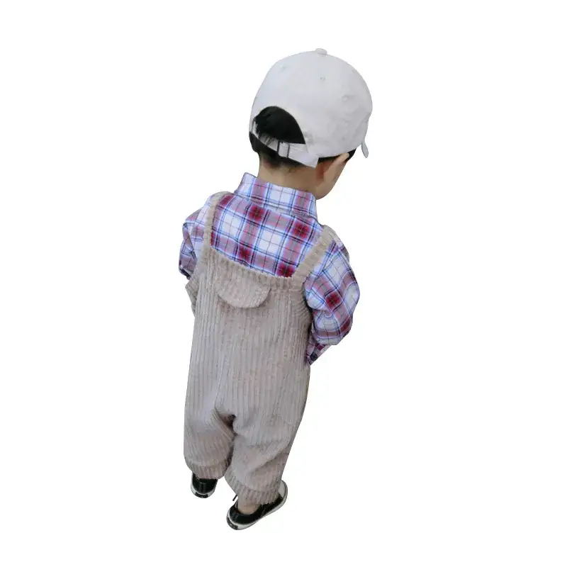Kids Brown Corduroy Suspenders Set with Cap - Image 4
