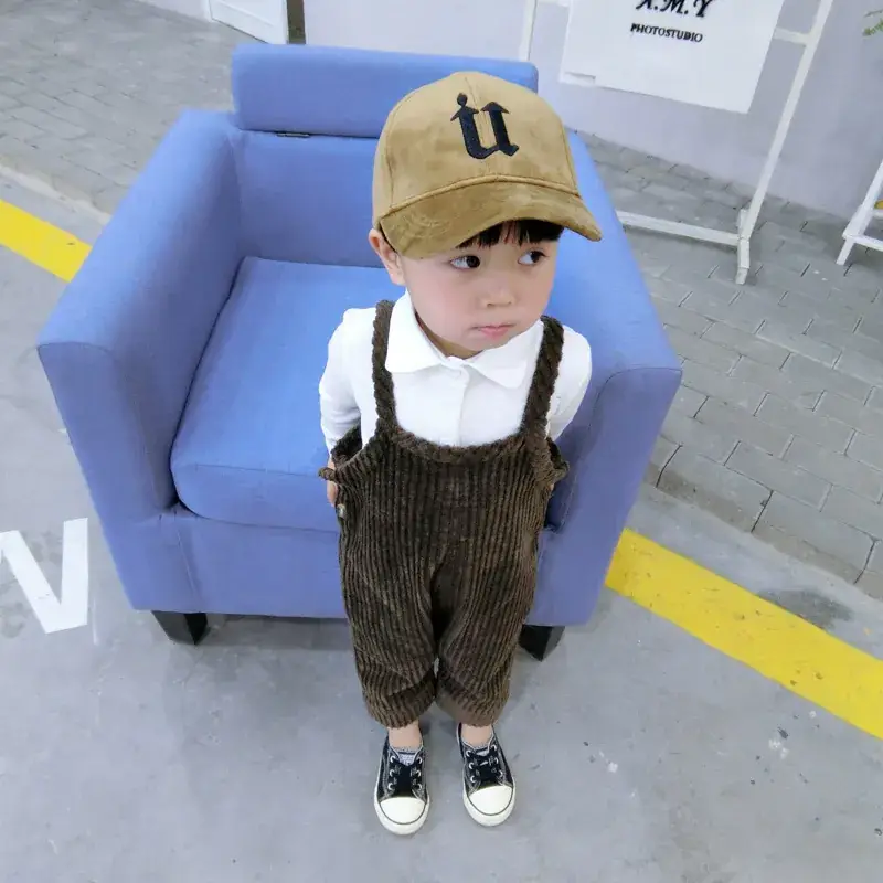 Kids Brown Corduroy Suspenders Set with Cap - Image 5