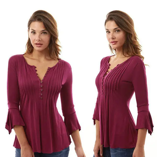 2022 Purple Button V-Neck Mid Sleeve T-Shirt Large - Image 3