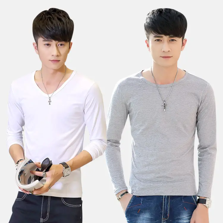 2018 V-neck Long Sleeve T-Shirt for Men Black White - Image 7
