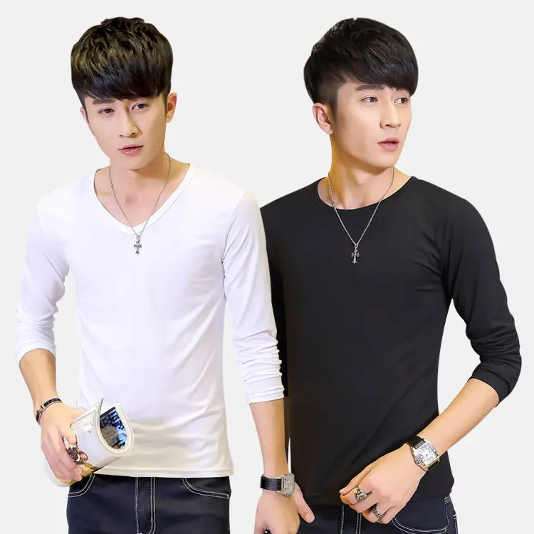2018 V-neck Long Sleeve T-Shirt for Men Black White - Image 8