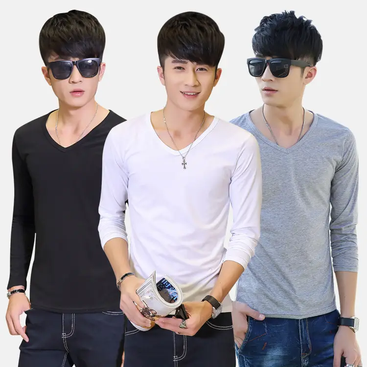 2018 V-neck Long Sleeve T-Shirt for Men Black White - Image 9