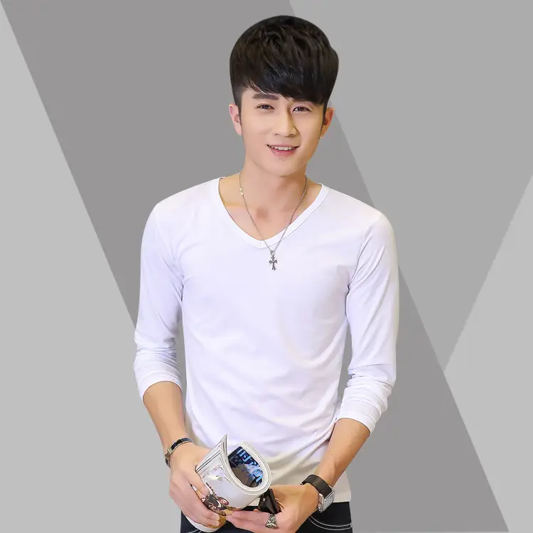 2018 V-neck Long Sleeve T-Shirt for Men Black White - Image 2