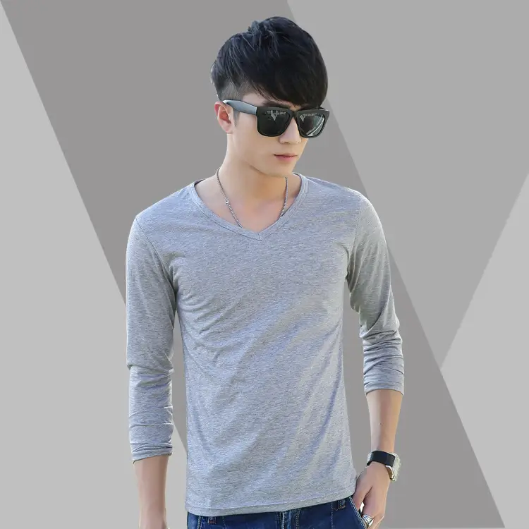 2018 V-neck Long Sleeve T-Shirt for Men Black White - Image 3
