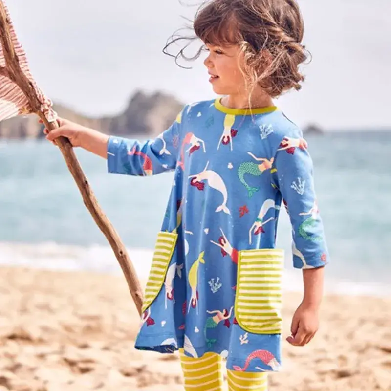 Girls Cotton Princess Dress Blue Fish Print Small Medium - Image 2