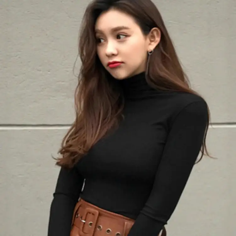Women Pile Collar Long Sleeve Black T-Shirt - Image 4