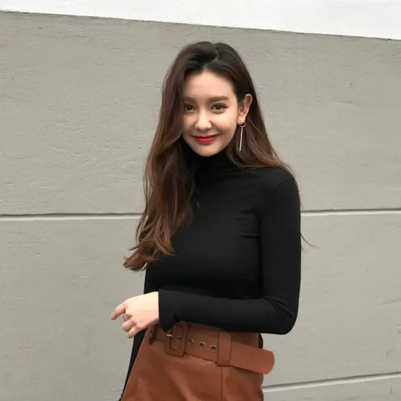 Women Pile Collar Long Sleeve Black T-Shirt - Image 5
