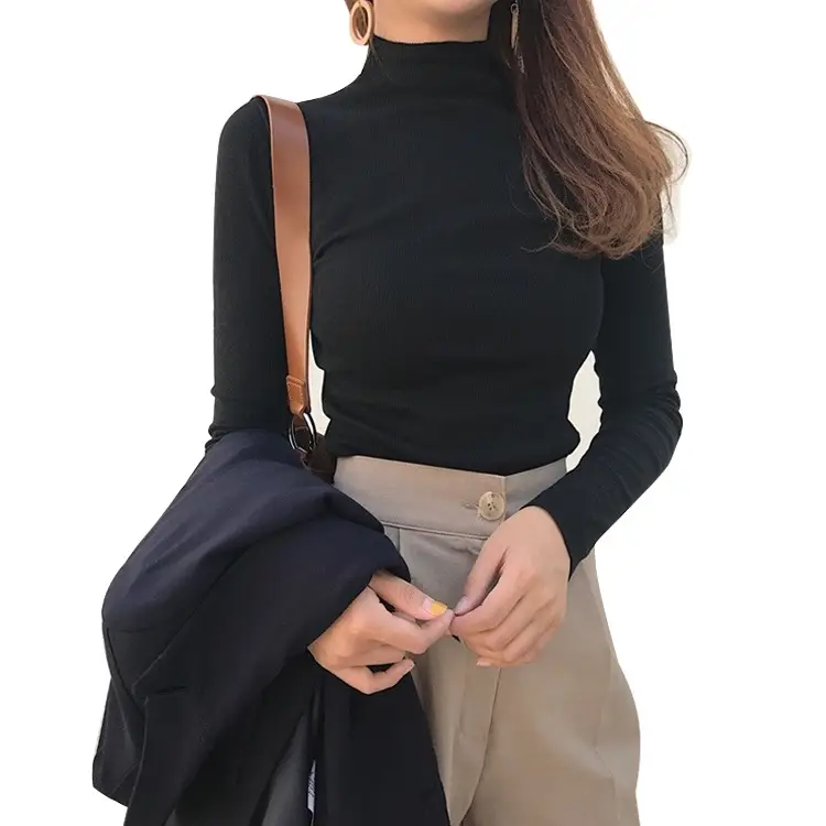 Women Pile Collar Long Sleeve Black T-Shirt - Image 6