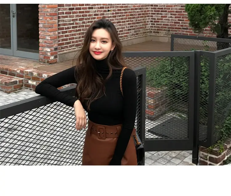 Women Pile Collar Long Sleeve Black T-Shirt — feature 5