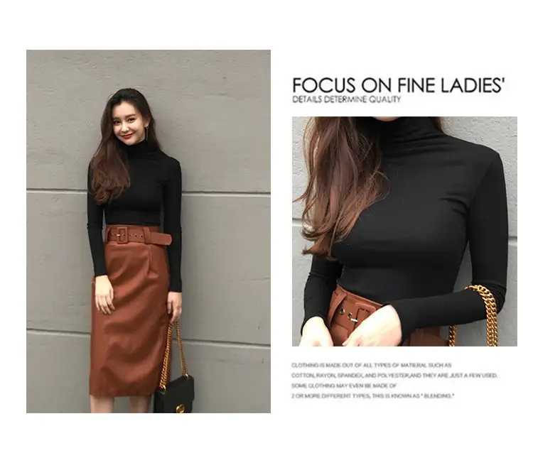 Women Pile Collar Long Sleeve Black T-Shirt — feature 7