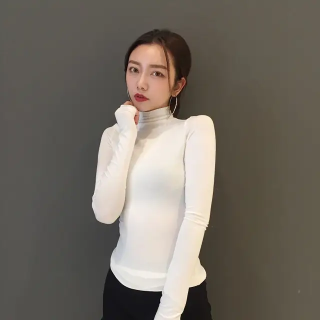 Women Pile Collar Long Sleeve Black T-Shirt - Image 2