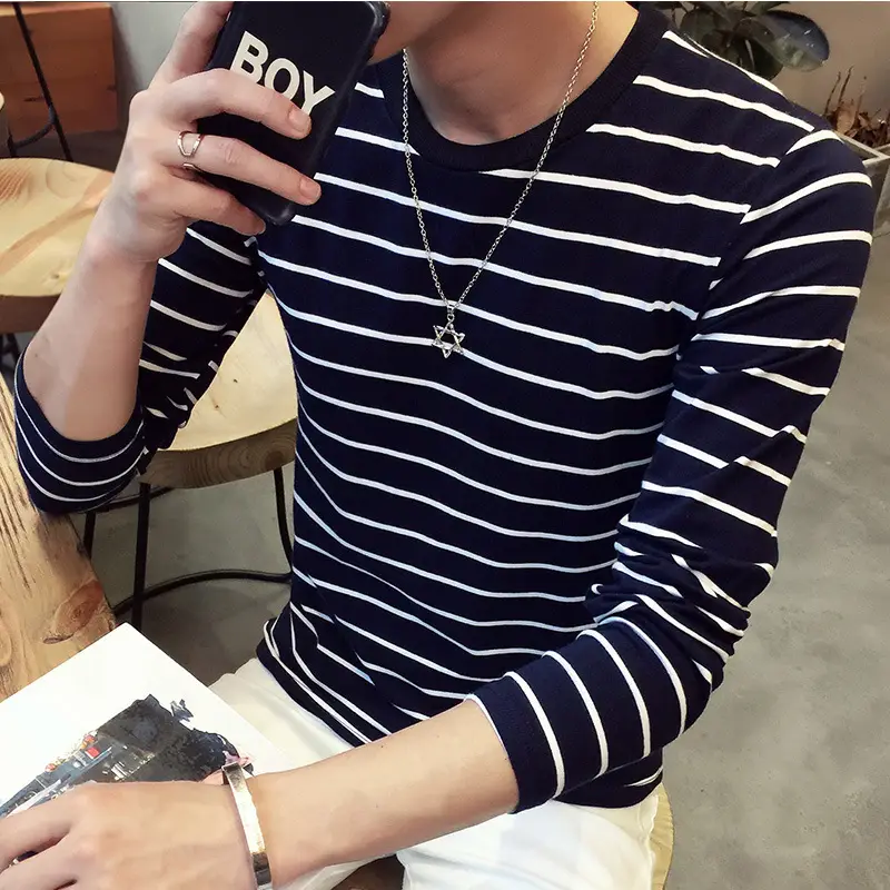 Men's Navy Striped Long Sleeve T-Shirt 2018 - Image 5