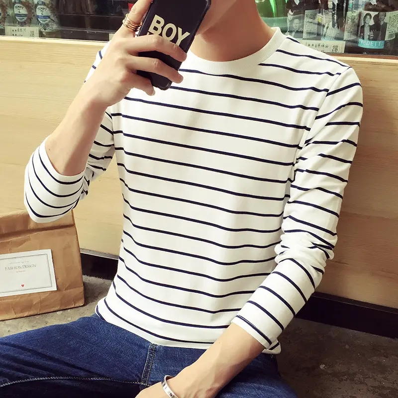 Men's Navy Striped Long Sleeve T-Shirt 2018 - Image 2
