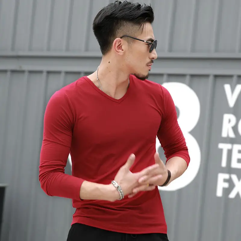2025 Men V-Neck Long Sleeve Thermal T-Shirts Blue Red