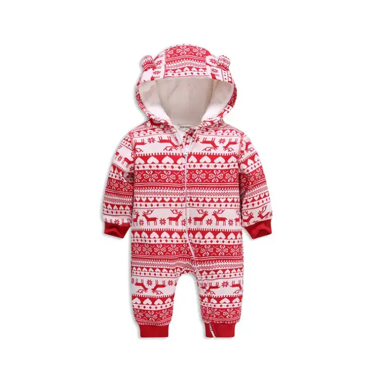 Cotton Fleece Lined Baby Romper Red White Hooded - Image 4