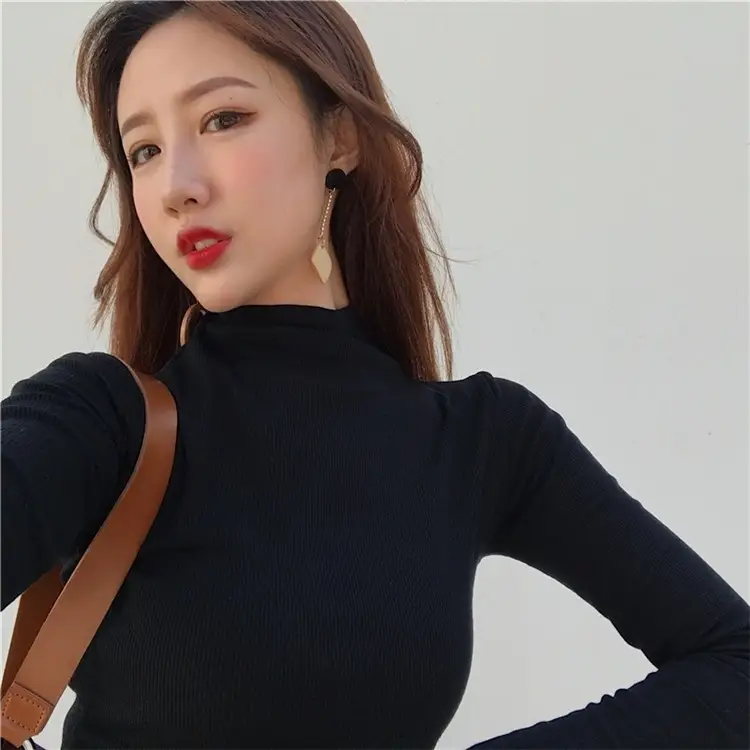 Black Slim Fit High Neck Long Sleeve T-Shirt for Women