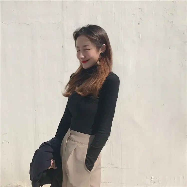 Black Slim Fit High Neck Long Sleeve T-Shirt for Women
