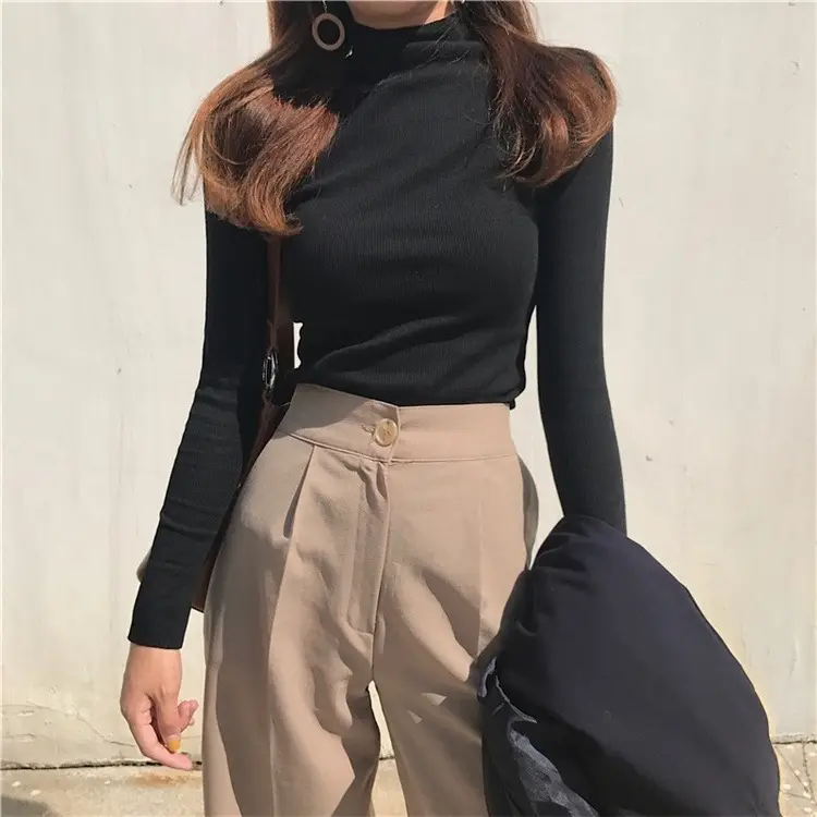 Black Slim Fit High Neck Long Sleeve T-Shirt for Women — feature 10