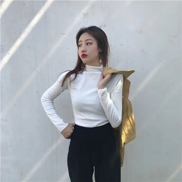 Black Slim Fit High Neck Long Sleeve T-Shirt for Women — feature 11