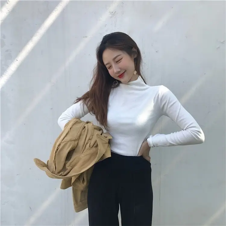 Black Slim Fit High Neck Long Sleeve T-Shirt for Women — feature 12