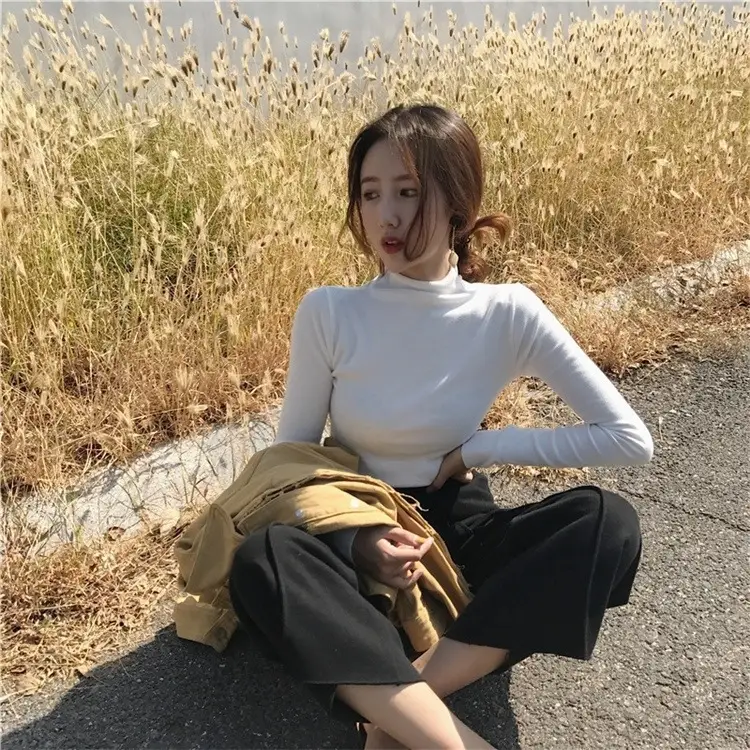 Black Slim Fit High Neck Long Sleeve T-Shirt for Women — feature 15