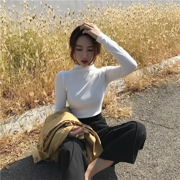 Black Slim Fit High Neck Long Sleeve T-Shirt for Women — feature 16