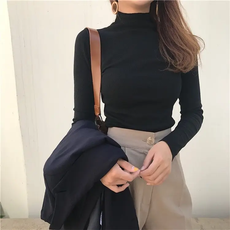 Black Slim Fit High Neck Long Sleeve T-Shirt for Women — feature 5