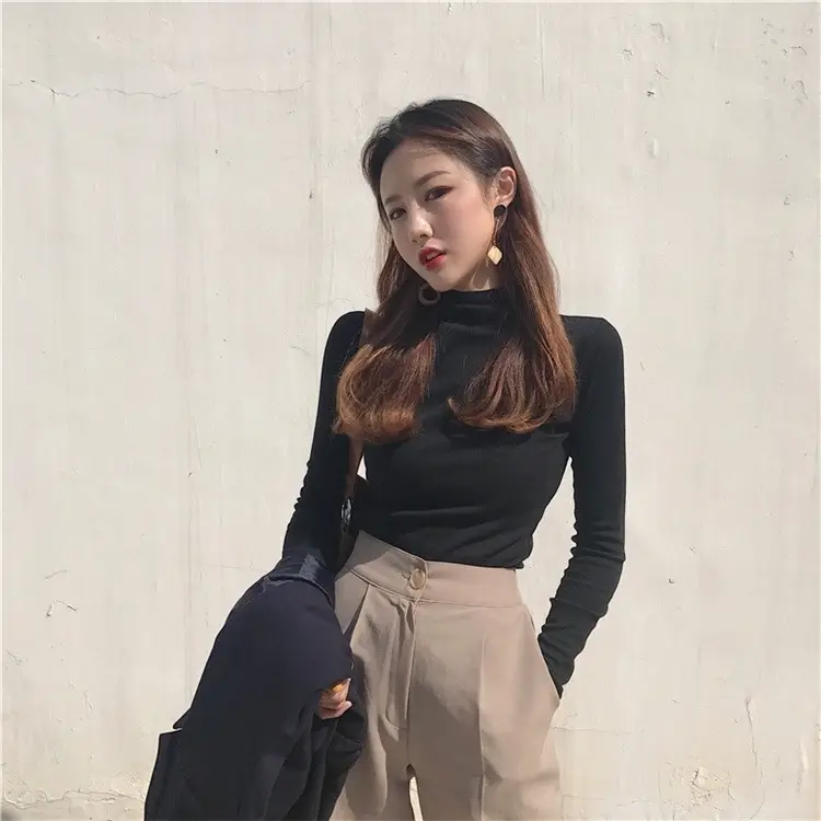 Black Slim Fit High Neck Long Sleeve T-Shirt for Women — feature 9