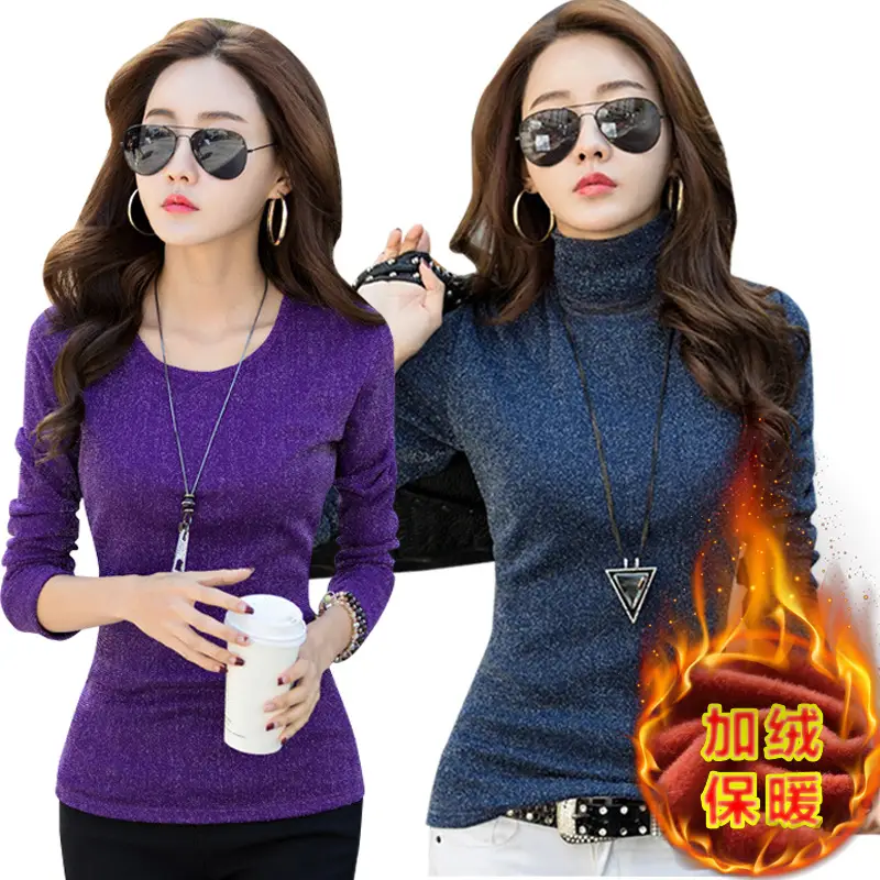 Women Blue Silk Fleece High Collar Long Sleeve Shirt - Image 7