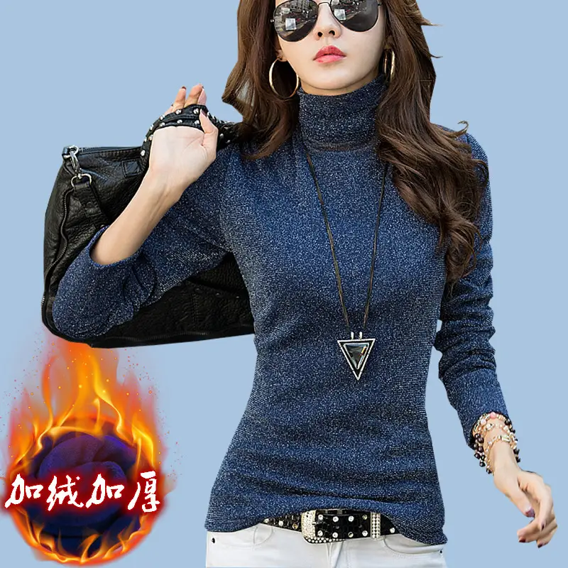 Women Blue Silk Fleece High Collar Long Sleeve Shirt - Image 4