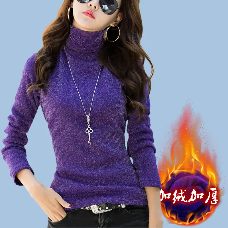 Women Blue Silk Fleece High Collar Long Sleeve Shirt - Image 2